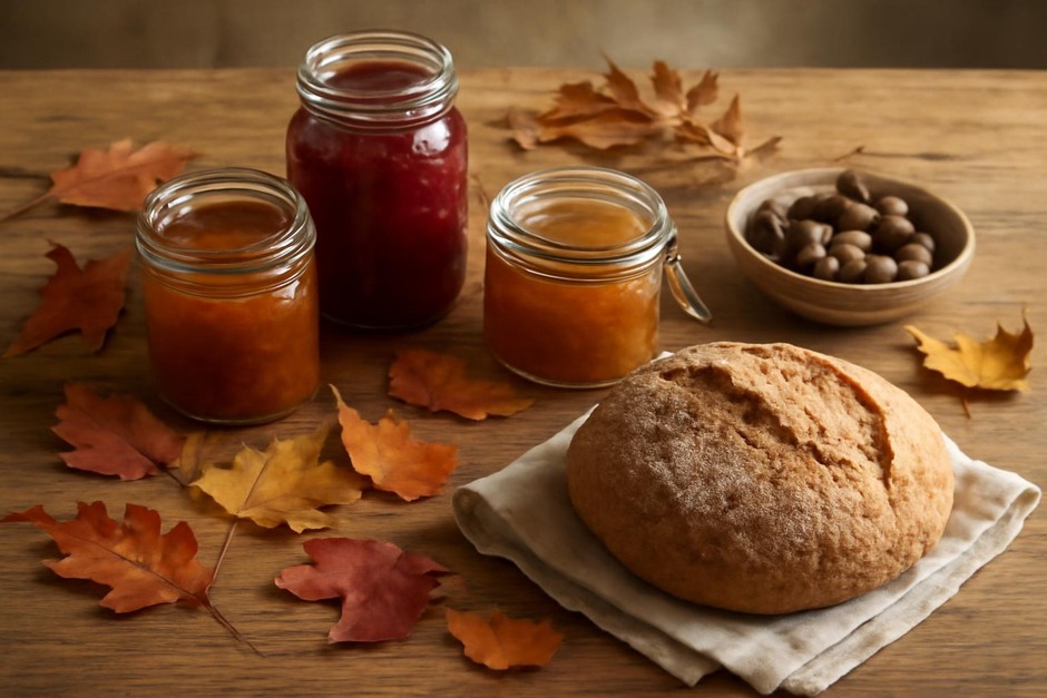 A wooden table with jars of preserves, fall leaves, and a loaf of bread
