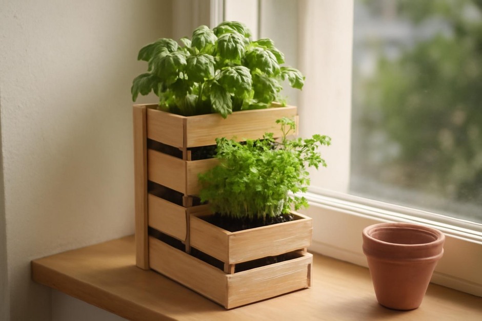 Compact vertical herb garden on a sunny windowsill with basil and parsley