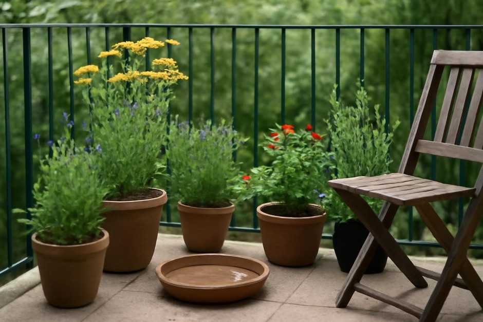 Small balcony with potted native plants and shallow water dish for birds