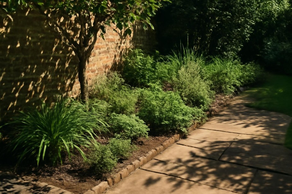 Sunlit garden corner showing shadow patterns and plant beds