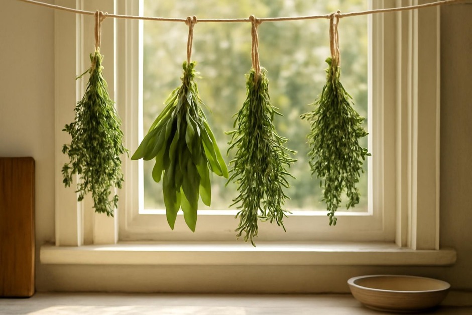 Bundles of drying herbs hanging near a sunny kitchen window